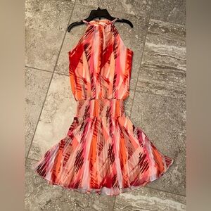 XS Ramy Brook Orange and Pink Patterned Tropical Sleeveless Pleated Mini Dress